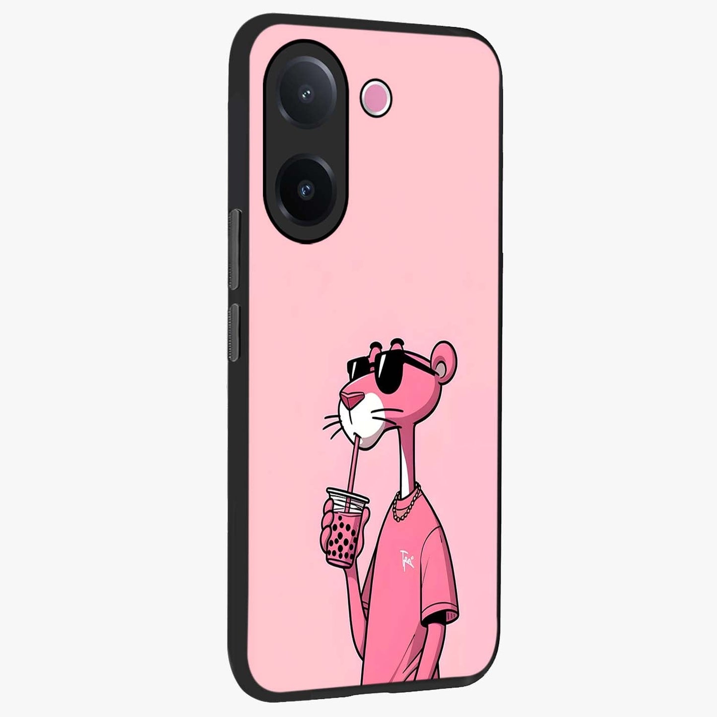 Pink Panther Glass Case upright view showcasing fun animated artwork with stylish retro cartoon theme.