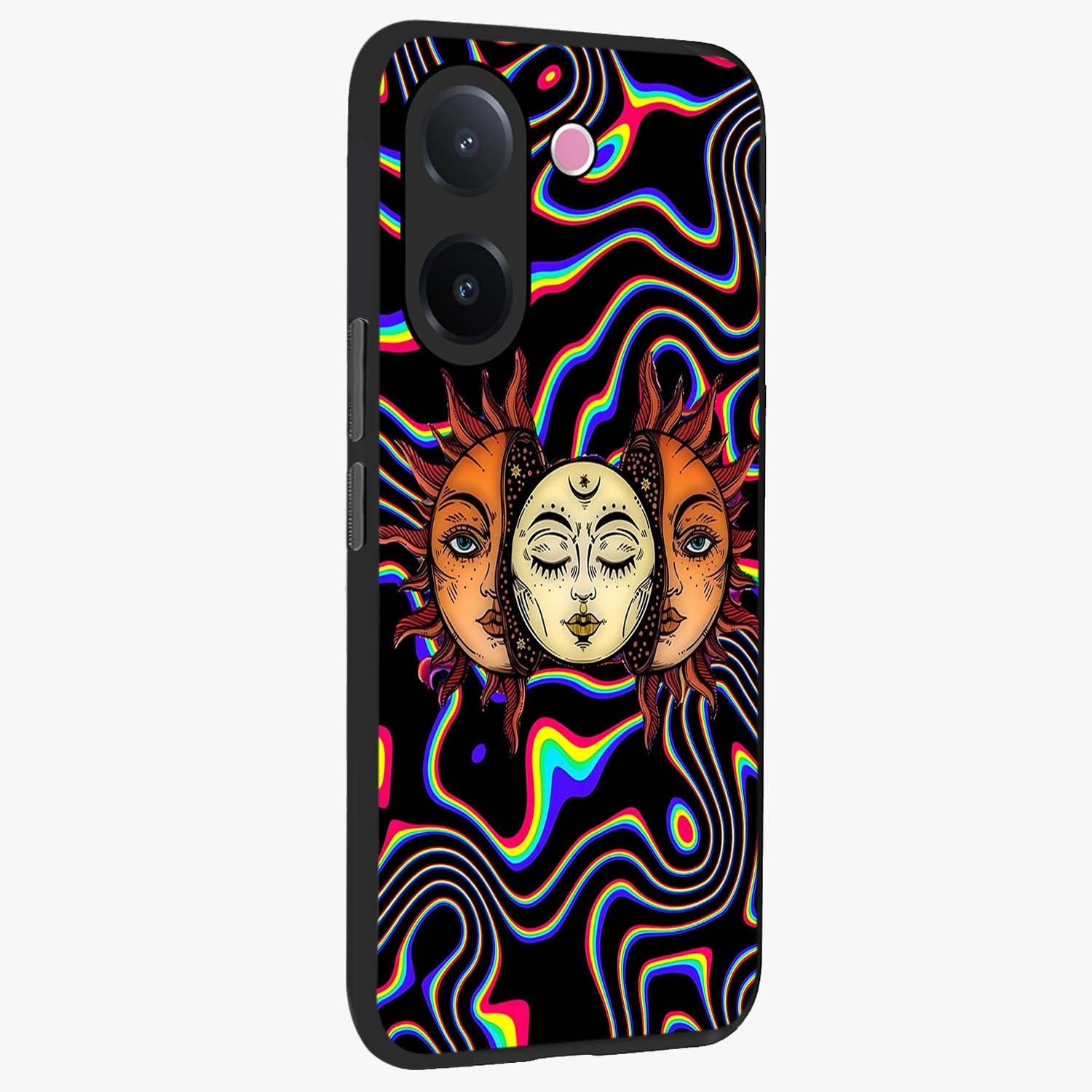 Psychedelic Sun Glass Case upright view showcasing trippy sun artwork with bold psychedelic theme.