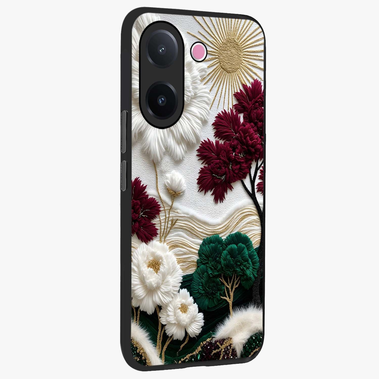 Radiant Bloom Elegance Glass Case upright view showcasing decorative flower artwork with refined botanical theme.