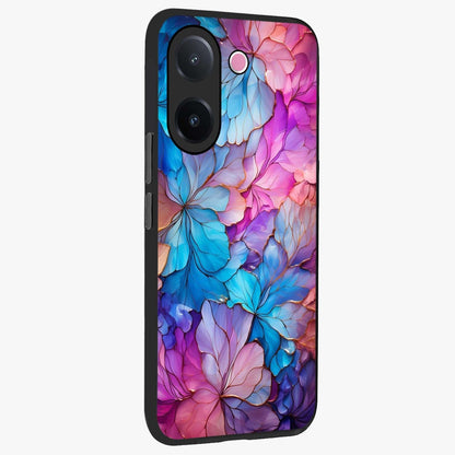 Radiant Floral Whirl Glass Case upright view showcasing lively floral artwork with decorative swirl theme.