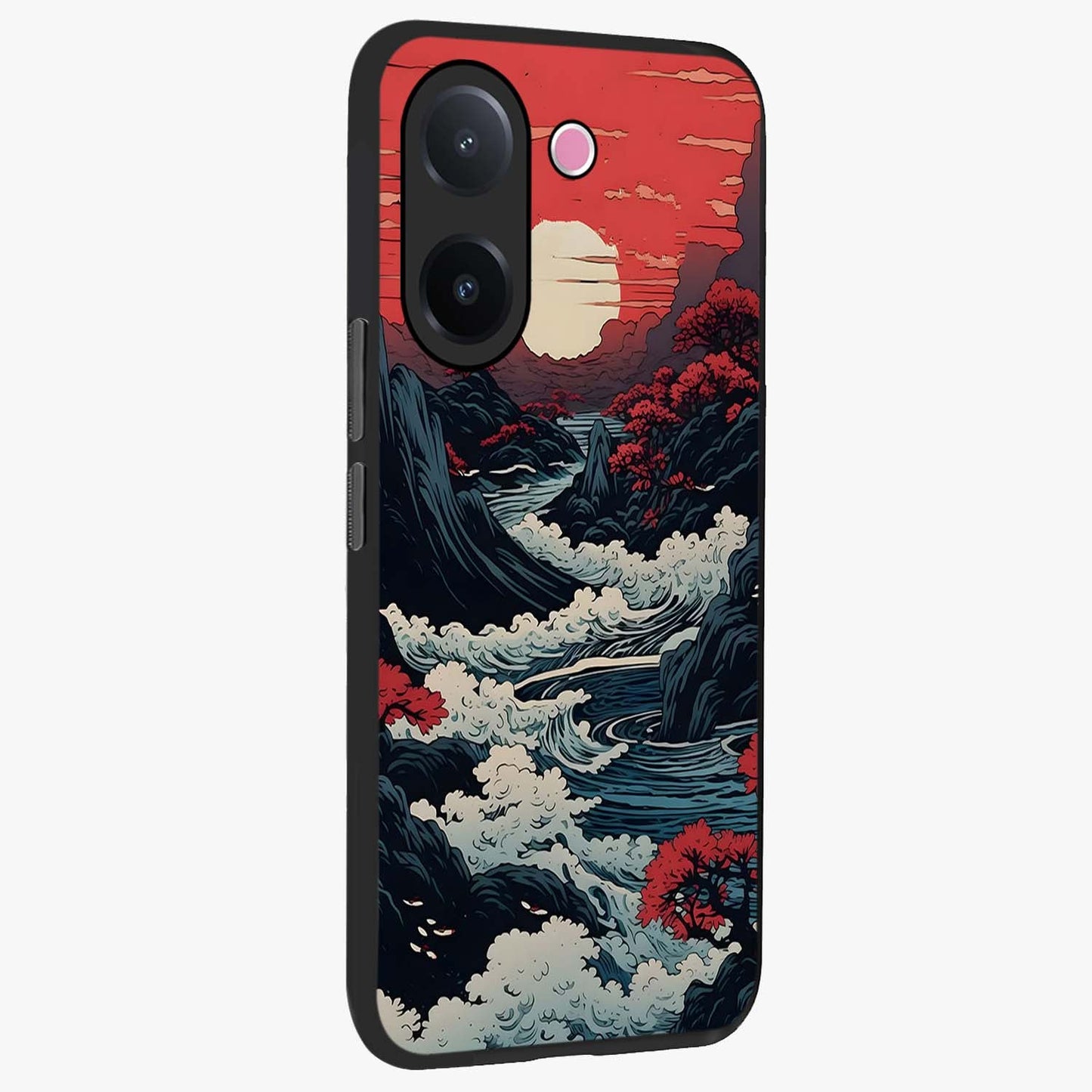 Red Sunset Scenery Glass Case upright view showcasing dramatic sunset scenery artwork with warm nature theme.