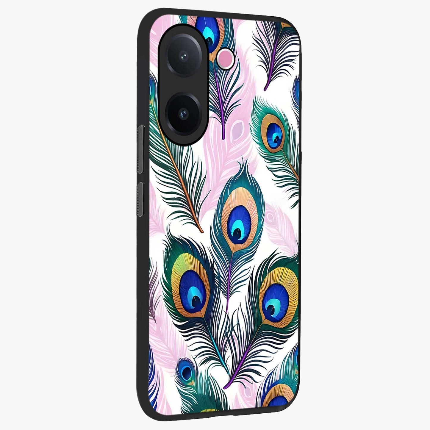 Royal Peacock Feathers Glass Case upright view showcasing elegant peacock feather artwork with decorative royal theme.