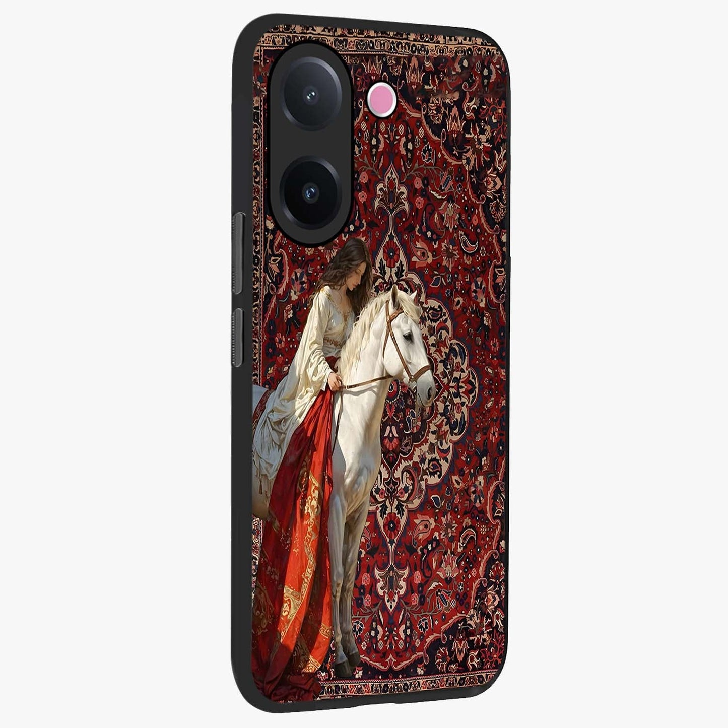 Royal Rider Tapestry Glass Case upright view showcasing detailed rider artwork with classic tapestry theme.