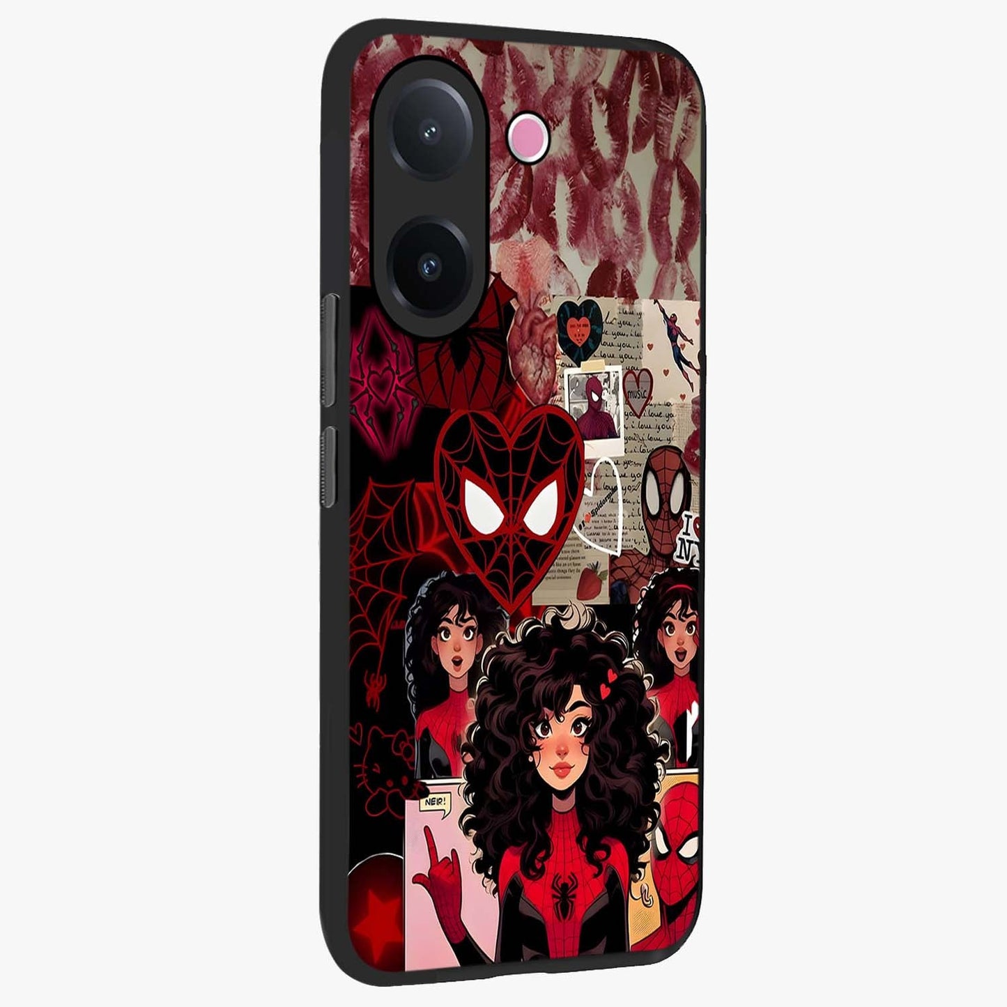 Spider Love Story Glass Case upright view showcasing charming superhero artwork with romantic comic theme.