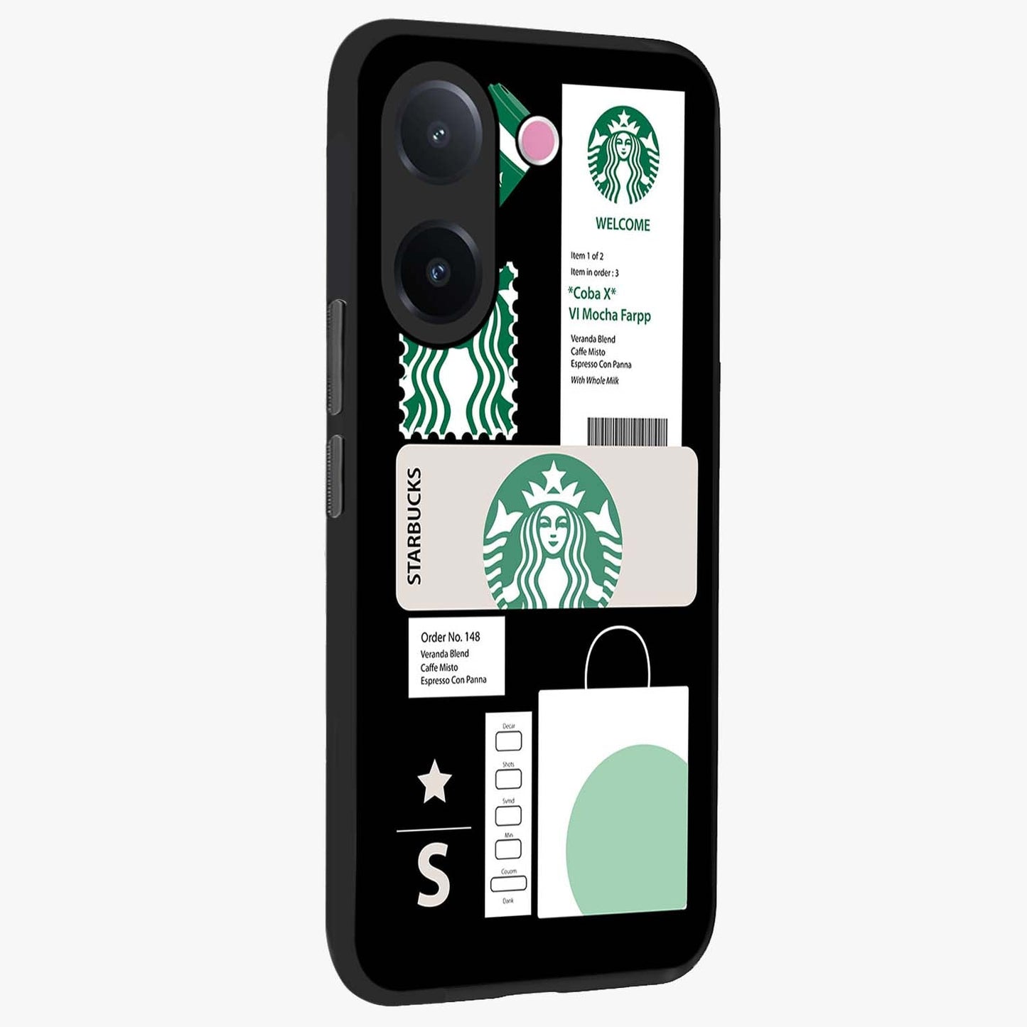 Starbucks Mocha Glass Case upright view showcasing trendy coffee inspired artwork with modern lifestyle theme.