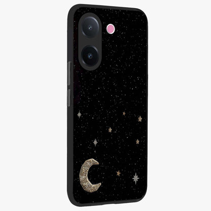 Twinkle Star With Half Moon Glass Case upright view showcasing glowing cosmic artwork with dreamy night theme.