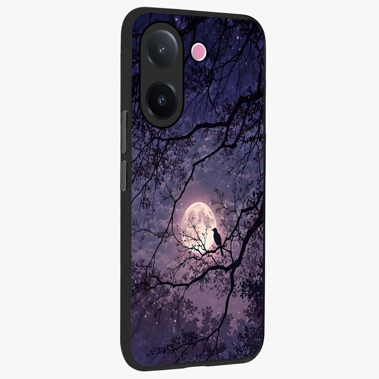 Whispering Moon Silence Glass Case upright view showcasing peaceful moon artwork with tranquil celestial theme.