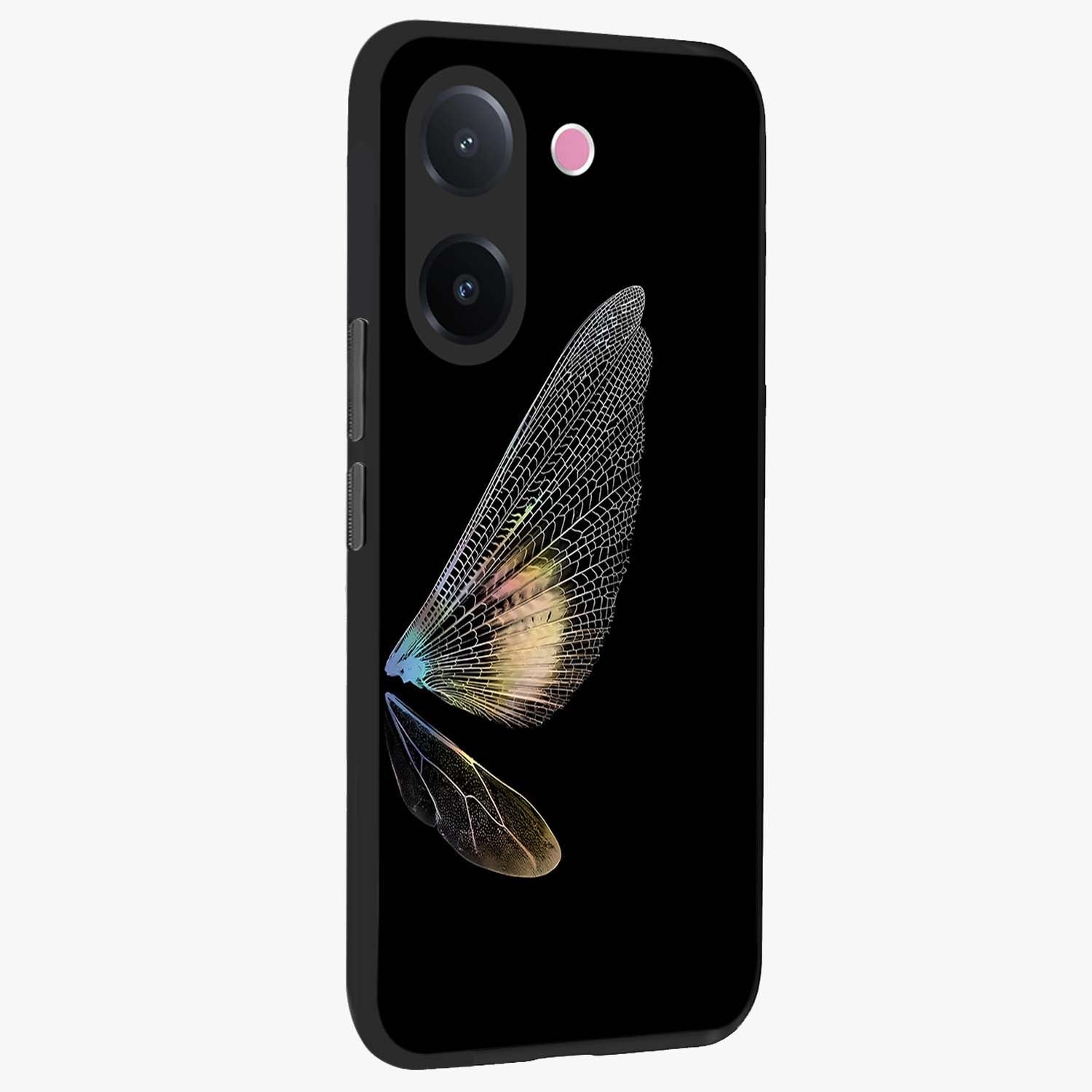 Whispers Of Wings Glass Case upright view showcasing elegant wing artwork with light airy theme.