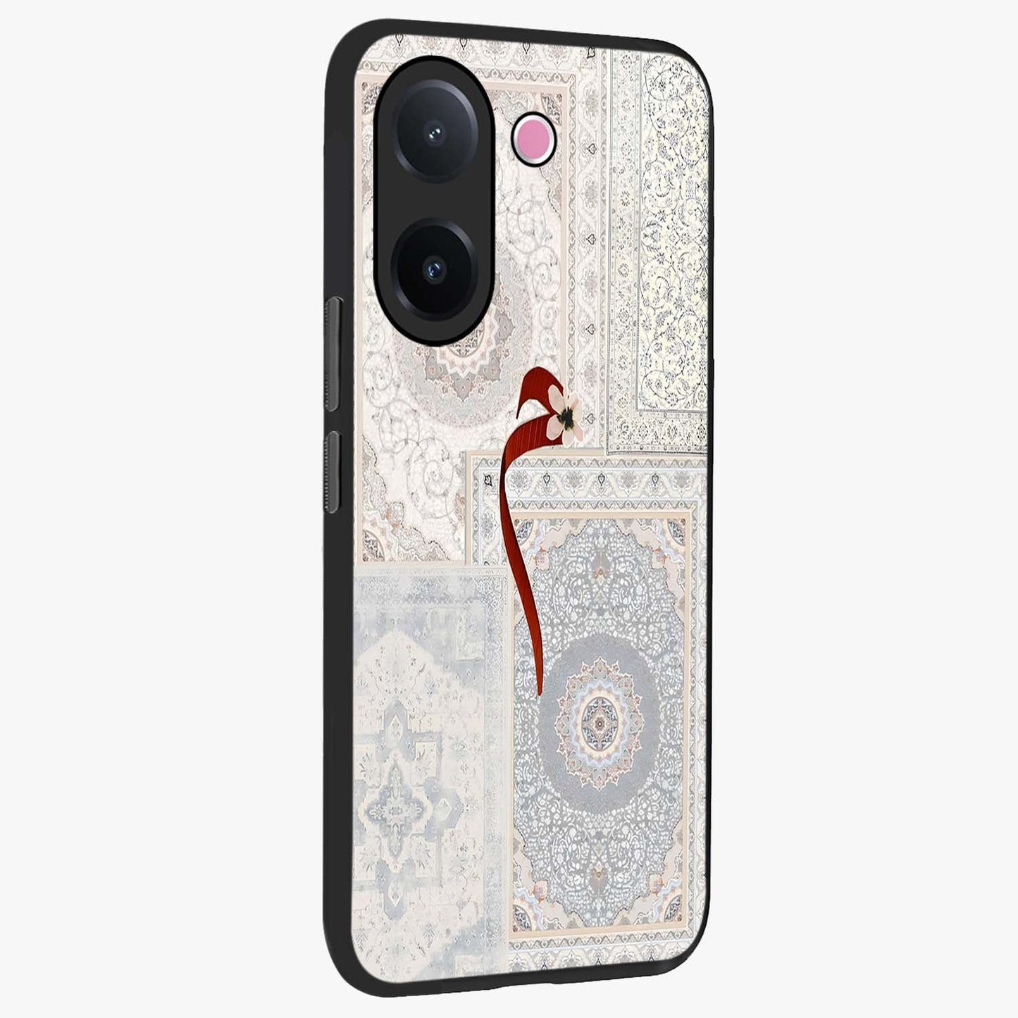 White Aesthetic Bow Glass Case upright view showcasing delicate ribbon bow artwork with cute minimalist theme.