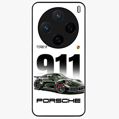 911 Turbo Dominance Glass Case showing clean flat back view with bold 911 sports car artwork and glossy glass finish.