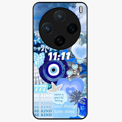 Aesthetic Be Kind Eye Glass Case showing flat back view with motivational eye artwork and glossy glass finish.