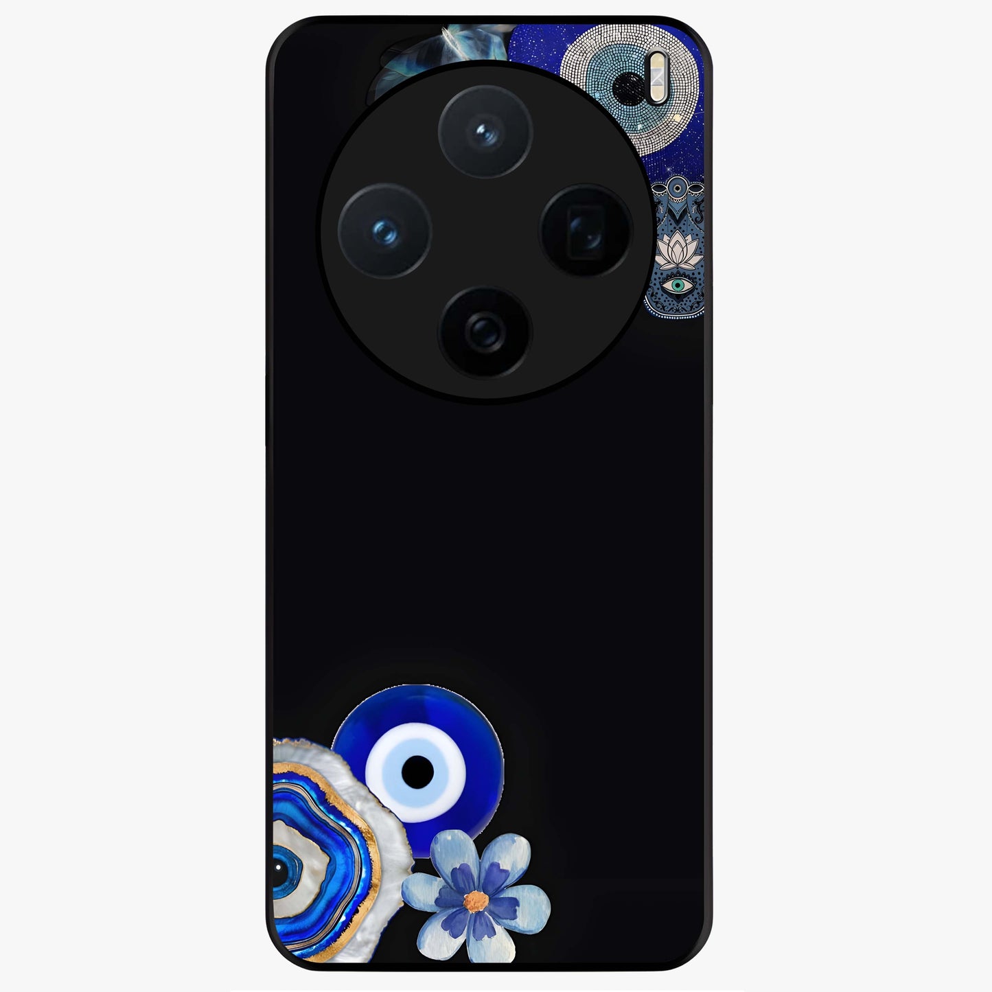 Aesthetic Blue Evil Eye Glass Case showing flat back view with protective evil eye artwork and glossy glass finish.