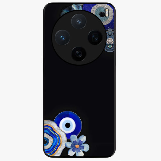 Aesthetic Blue Evil Eye Glass Case showing flat back view with protective evil eye artwork and glossy glass finish.