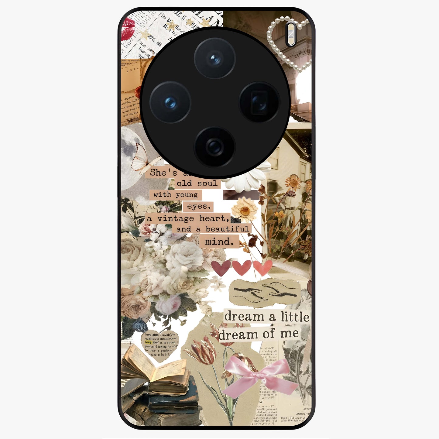 Aesthetic Brown Vintage Collage Glass Case showing flat back view with retro collage artwork and glossy glass finish.