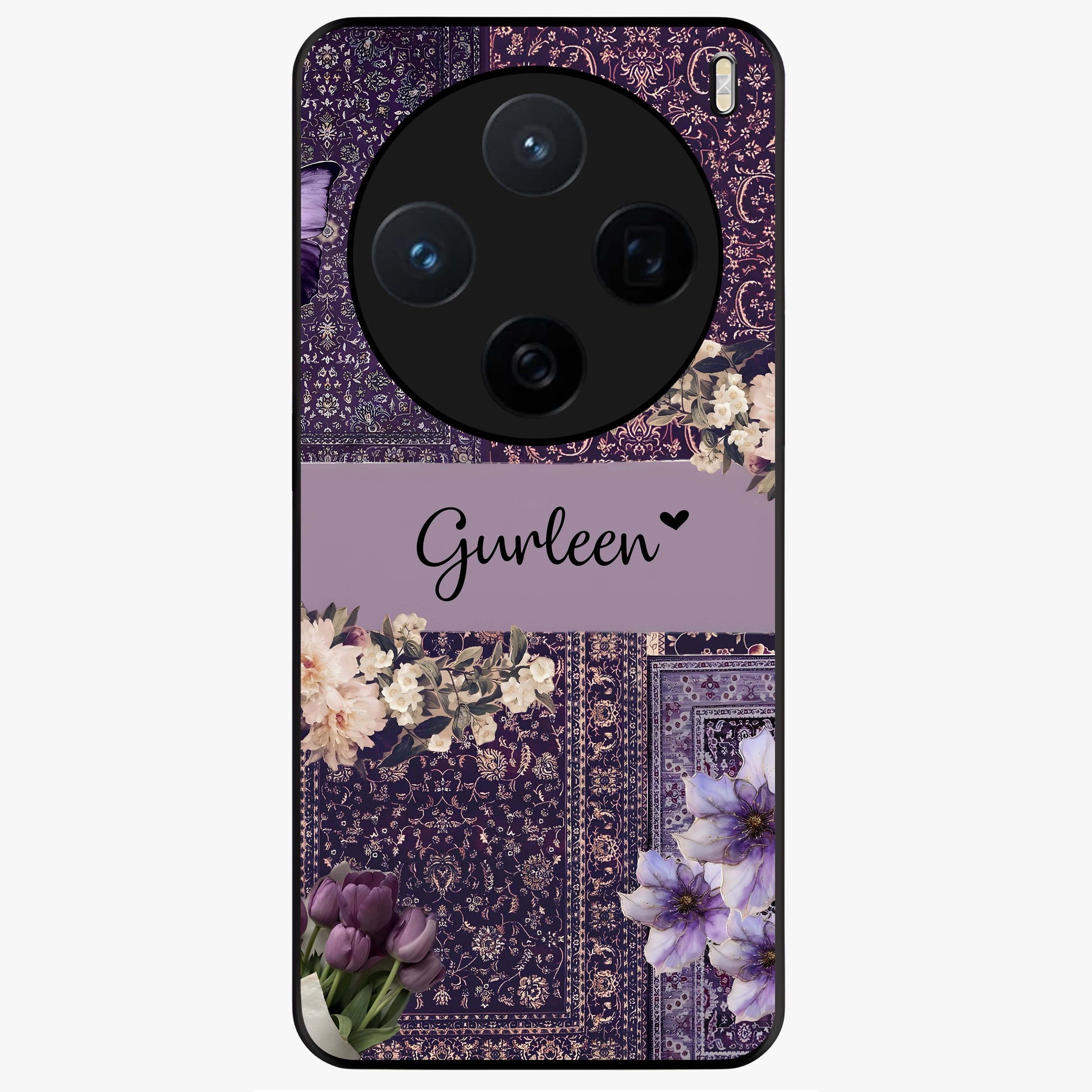 Antique Floral Whisper Custom Name Glass Case showing flat back view with vintage floral artwork and personalized name design.