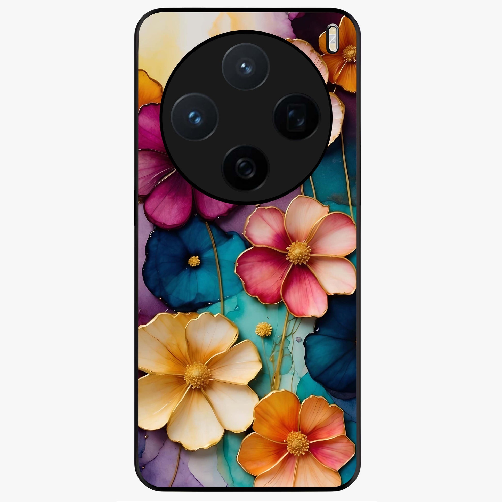 Artlyn Grace Flower Pattern Glass Case showing flat back view with elegant floral pattern artwork and glossy glass finish.
