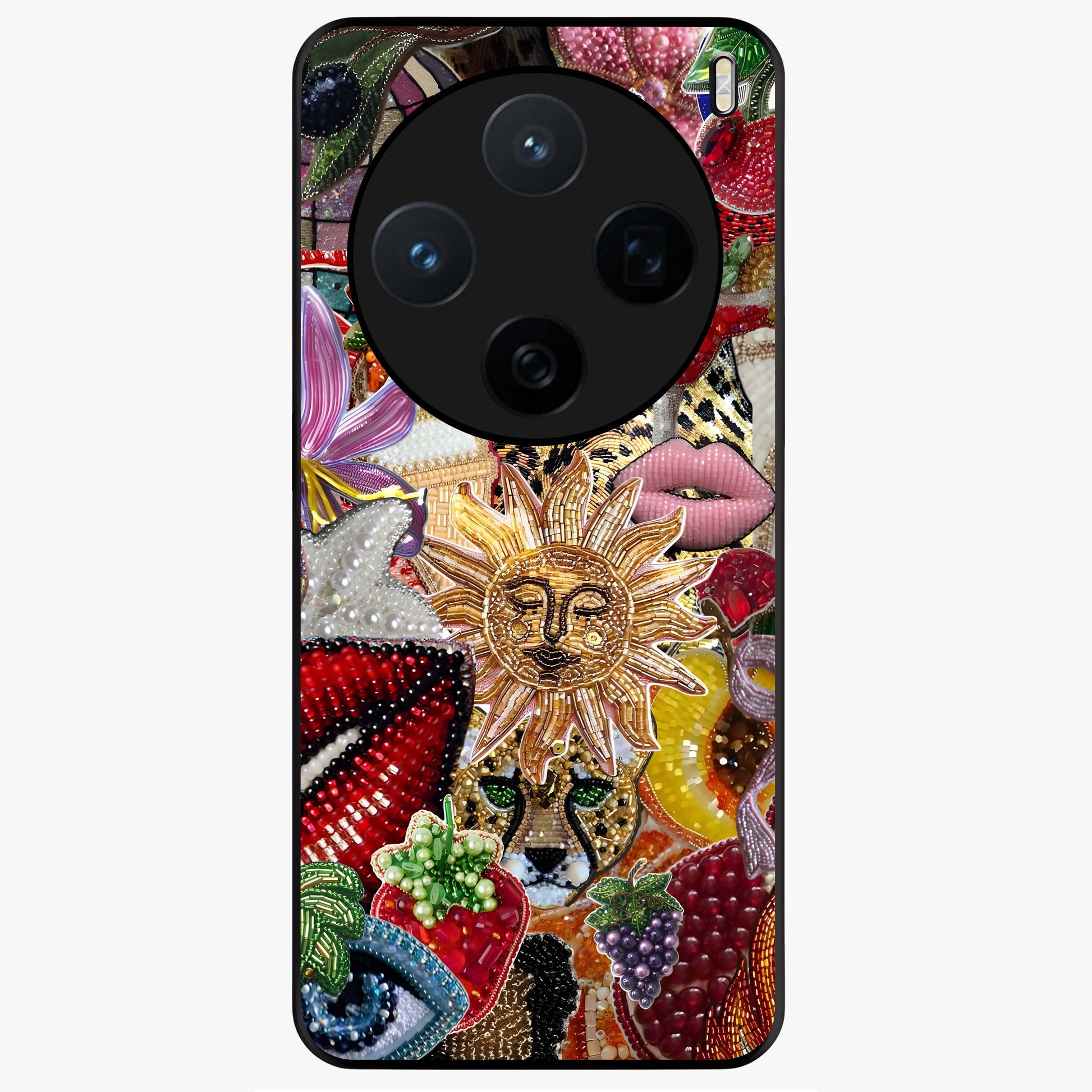 Beaded Fashion Jungle Glass Case showing flat back view with vibrant jungle inspired bead artwork and glossy glass finish.