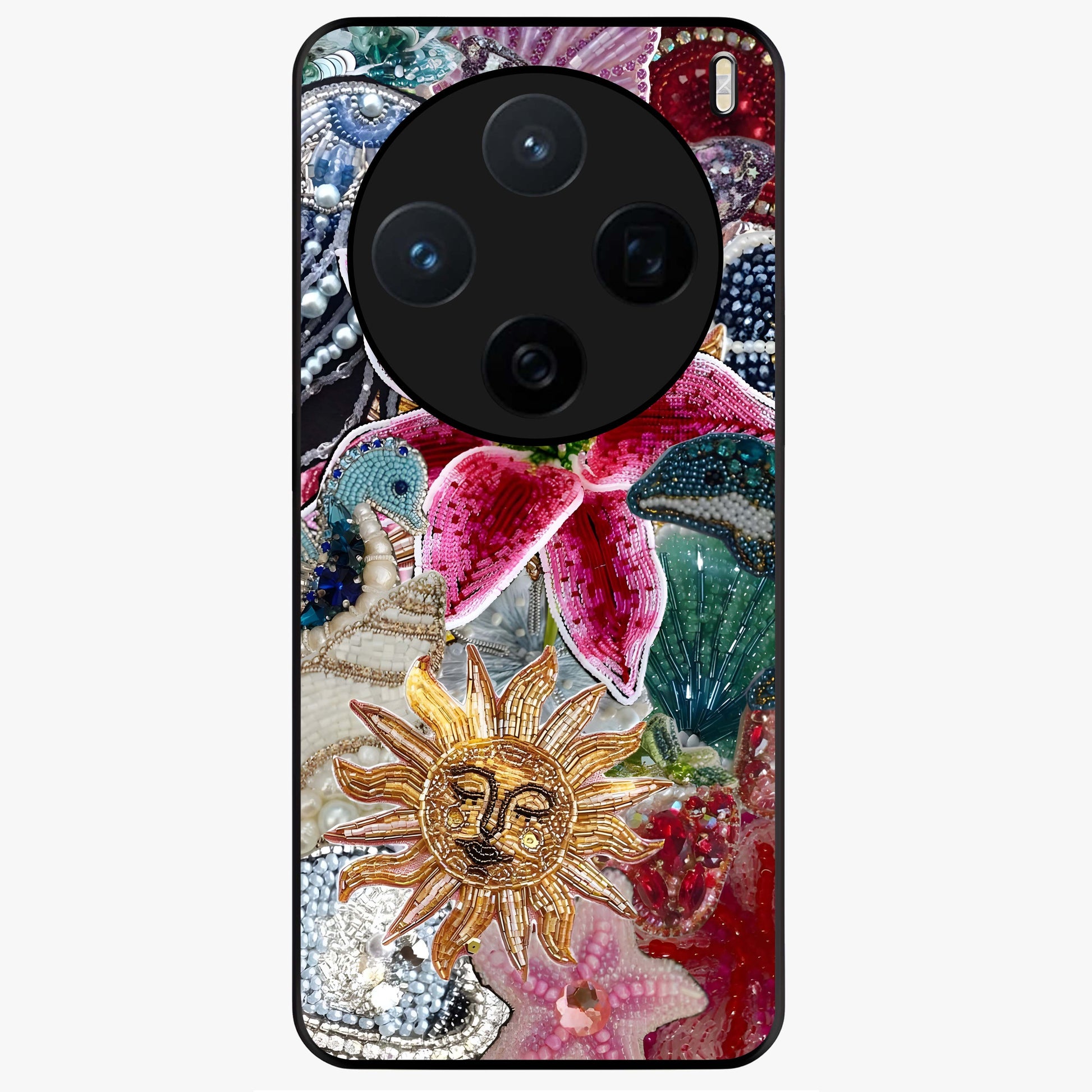 Beaded Garden Fantasy Glass Case showing flat back view with dreamy garden bead artwork and glossy glass finish.