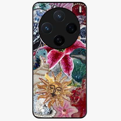 Beaded Garden Fantasy Glass Case showing flat back view with dreamy garden bead artwork and glossy glass finish.