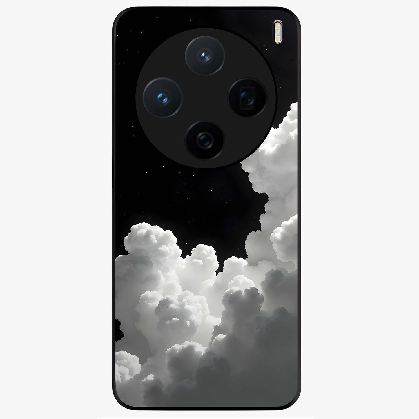 Black Background With White Cloud Glass Case showing flat back view with minimal cloud artwork on dark background and glossy glass finish.