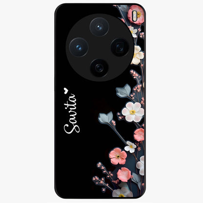Black Elegance Floral Custom Name Glass Case showing flat back view with elegant floral artwork and personalized name design.