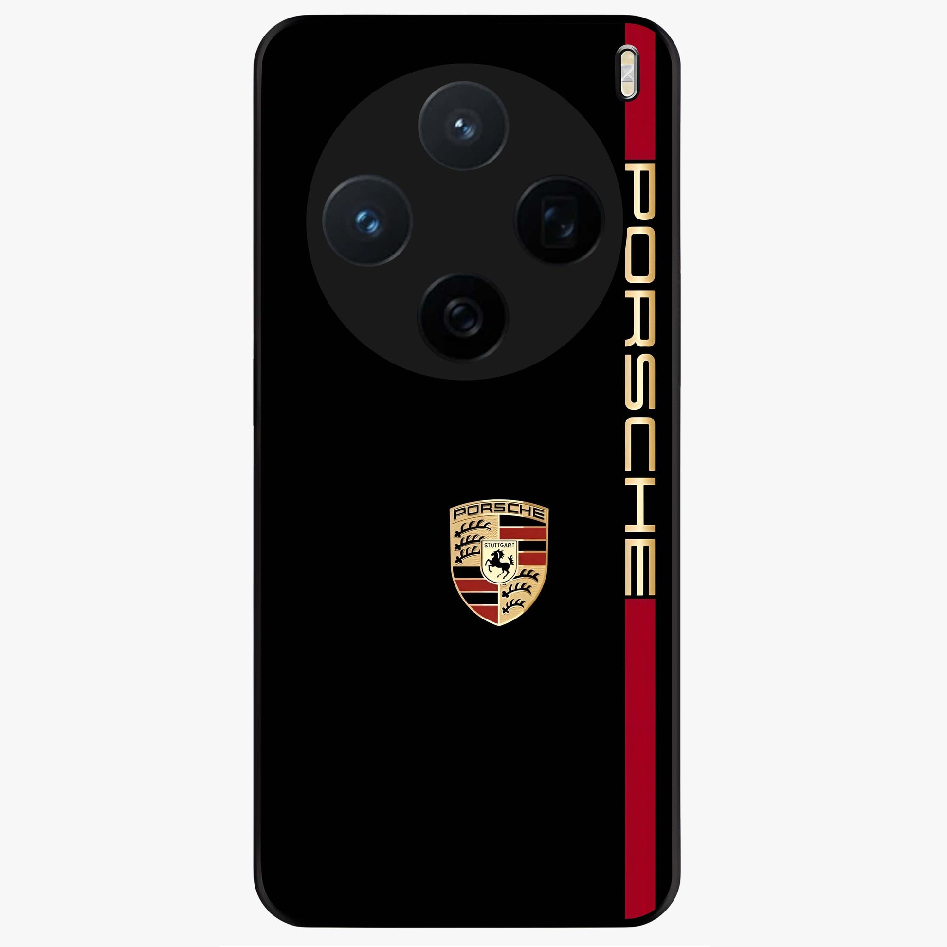 Black Minimal Porsche Glass Case showing flat back view with sleek minimal sports car artwork and glossy glass finish.