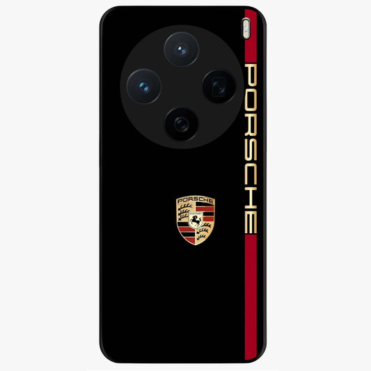 Black Minimal Porsche Glass Case showing flat back view with sleek minimal sports car artwork and glossy glass finish.