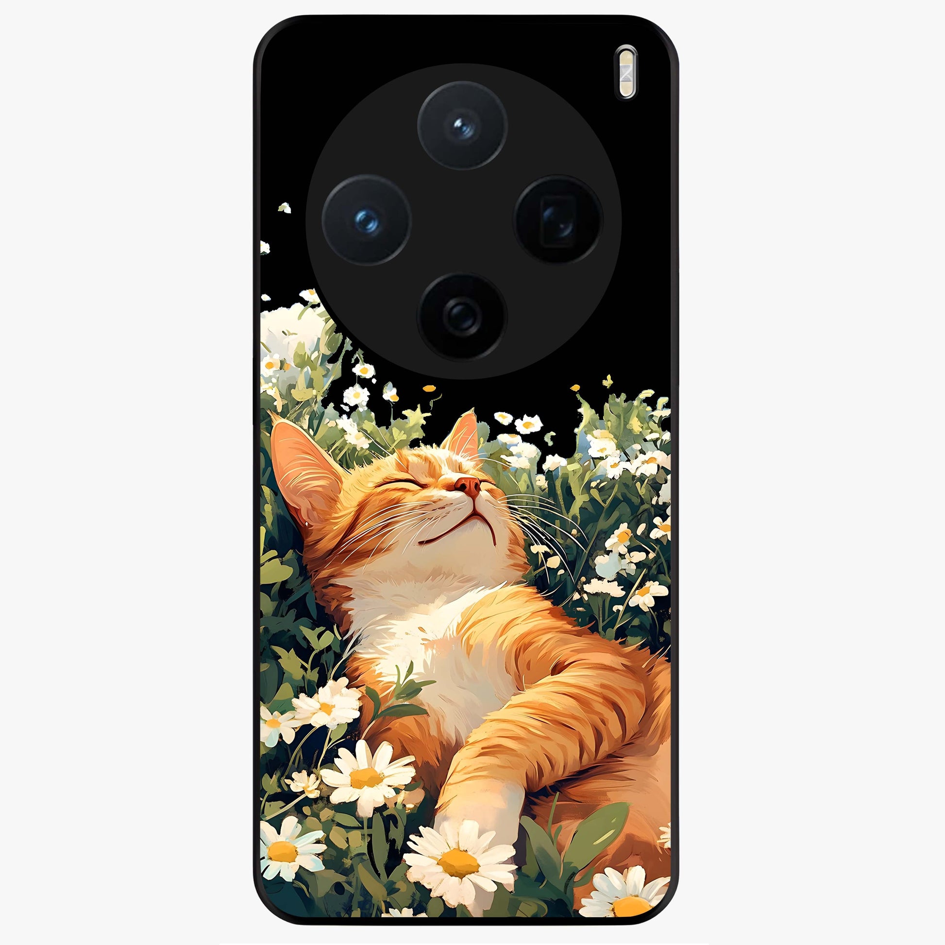 Blissful Bloom Cat Glass Case showing flat back view with cute cat and floral bloom artwork and glossy glass finish.