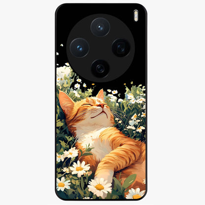 Blissful Bloom Cat Glass Case showing flat back view with cute cat and floral bloom artwork and glossy glass finish.