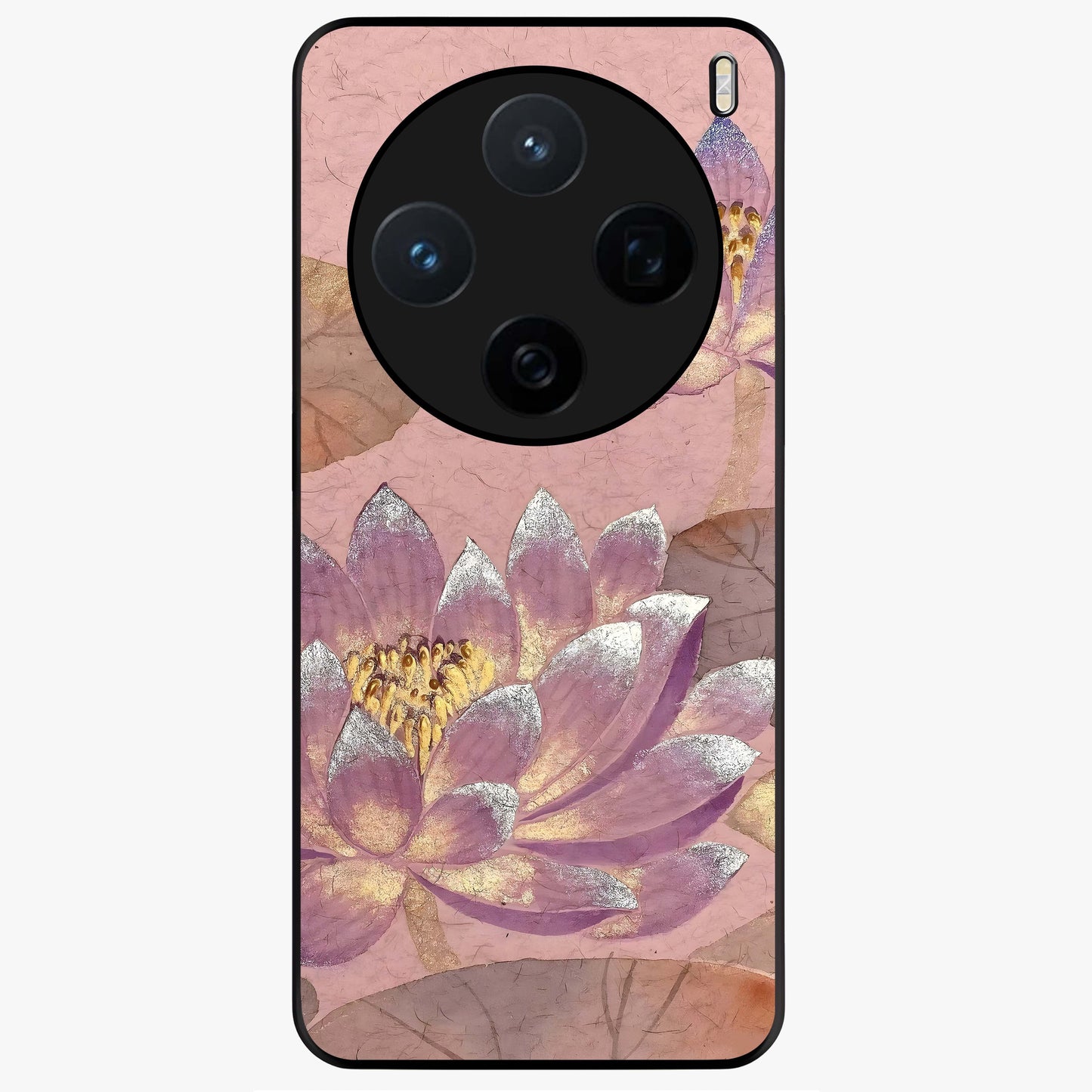 Blossom Mist Lotus Glass Case showing flat back view with serene lotus blossom artwork and glossy glass finish.