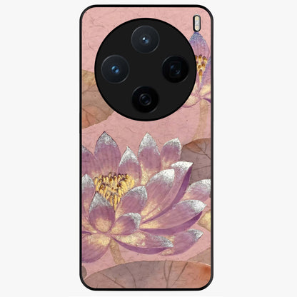 Blossom Mist Lotus Glass Case showing flat back view with serene lotus blossom artwork and glossy glass finish.