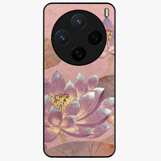 Blossom Mist Lotus Glass Case showing flat back view with serene lotus blossom artwork and glossy glass finish.