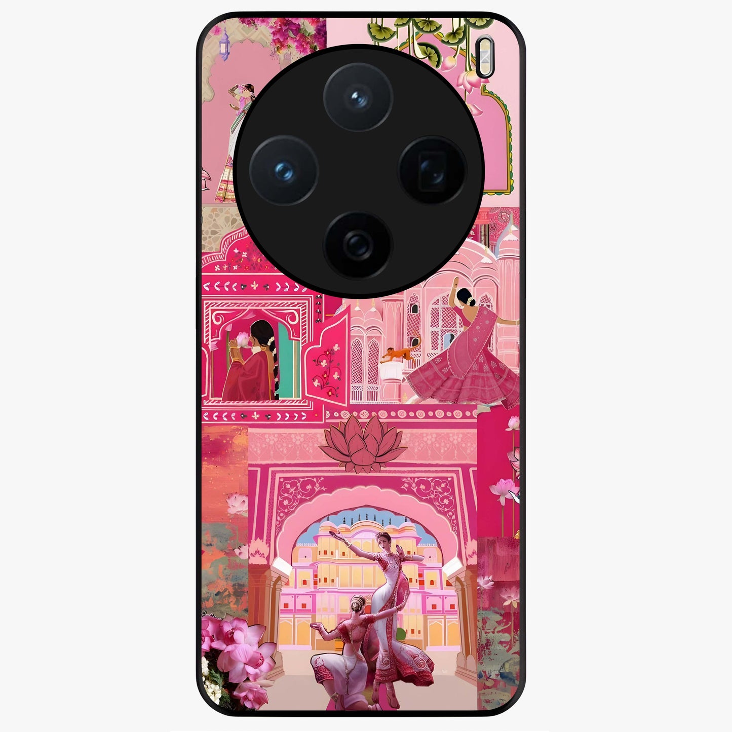Blossoms of Rajasthan Glass Case showing flat back view with traditional floral artwork inspired by Rajasthan and glossy glass finish.