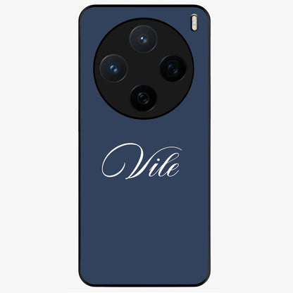 Blue Background Personalized Custom Name Glass Case showing flat back view with minimal blue background and custom name design.