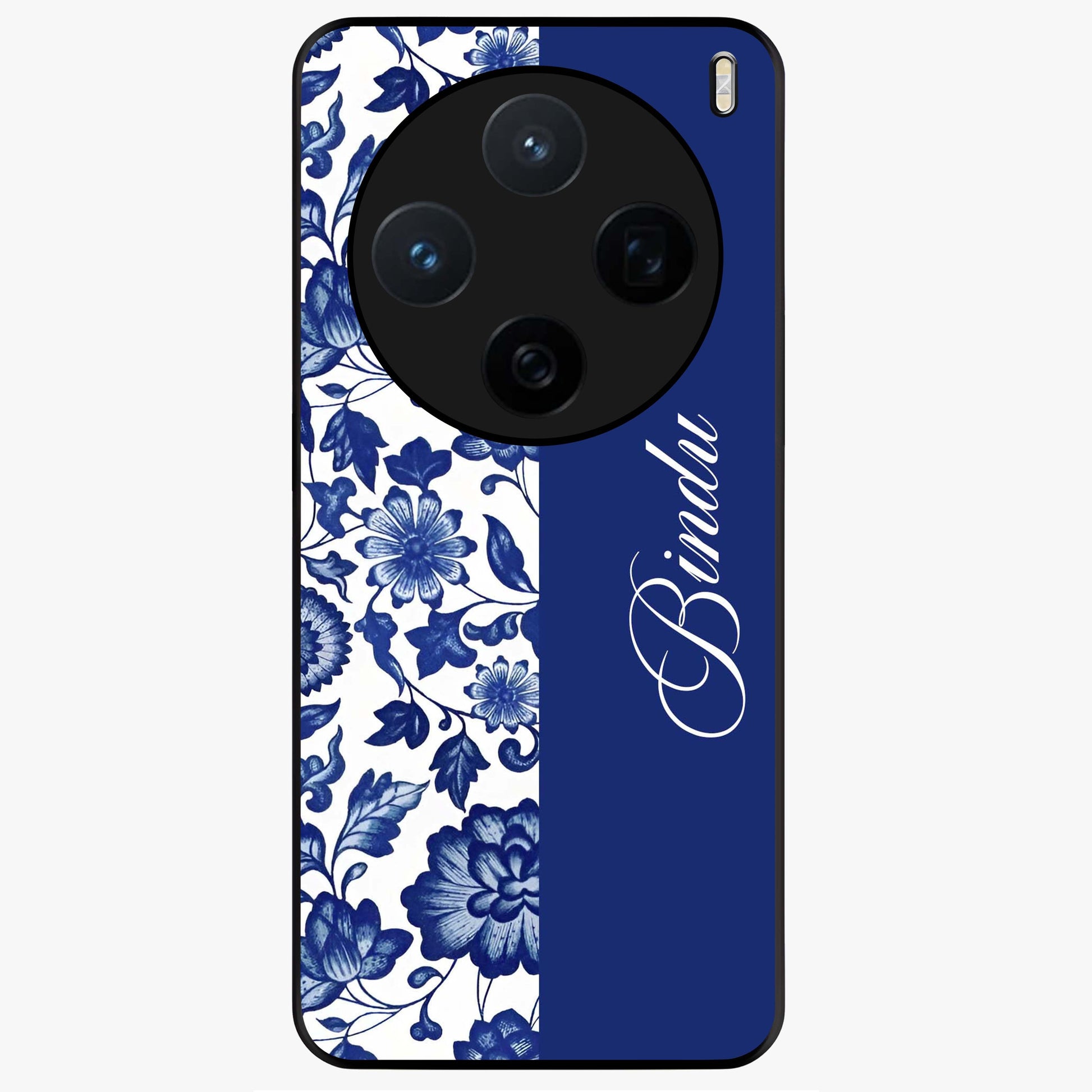 Blue Vintage Floral Pattern Glass Case upright view showcasing timeless floral illustration with vintage inspired style.