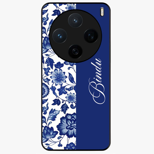 Blue Vintage Floral Pattern Glass Case upright view showcasing timeless floral illustration with vintage inspired style.