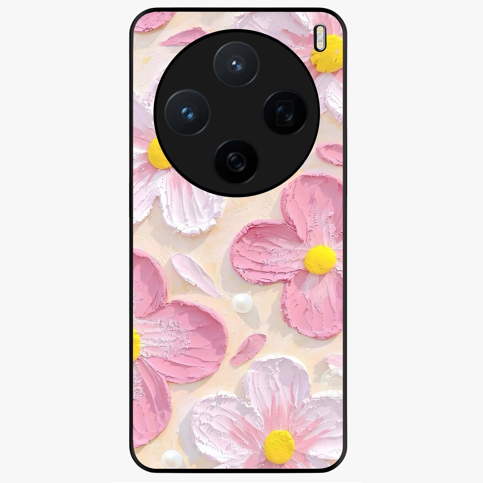 Blush Bloom Texture Glass Case showing flat back view with soft blush floral texture artwork and glossy glass finish.