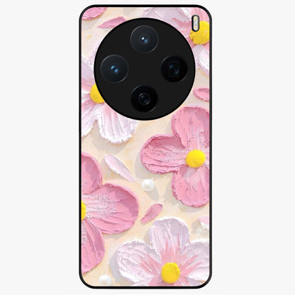 Blush Bloom Texture Glass Case showing flat back view with soft blush floral texture artwork and glossy glass finish.