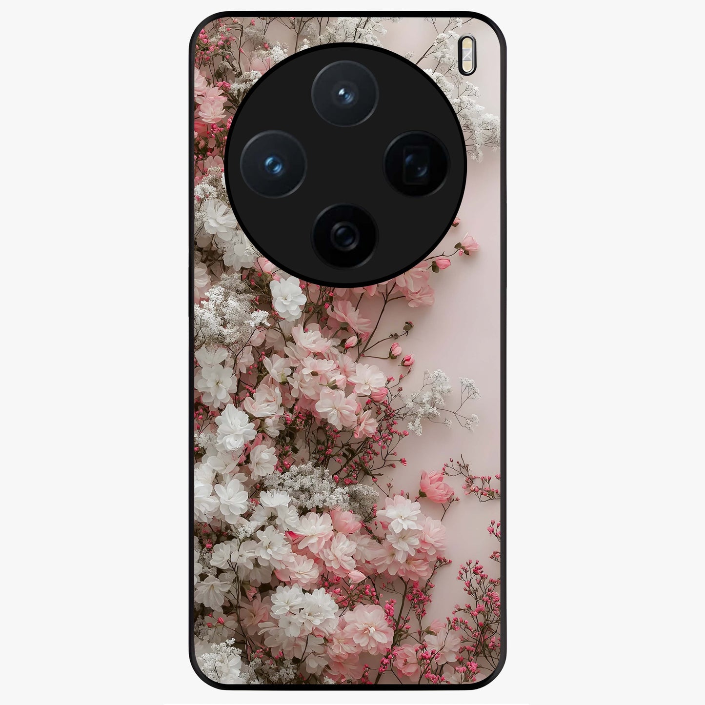 Blush Blossom Cloud Glass Case showing flat back view with dreamy blush cloud blossom artwork and glossy glass finish.