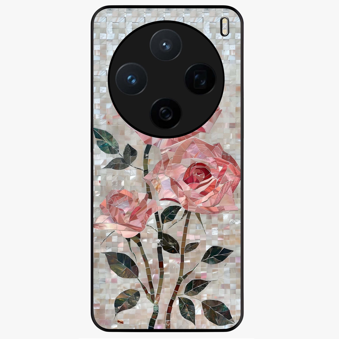 Blush Mosaic Bloom Glass Case showing flat back view with mosaic floral bloom artwork and glossy glass finish.