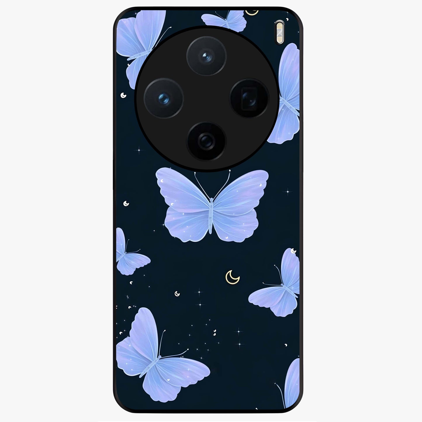 Butterfly With Stars Pattern Glass Case showing flat back view with butterfly and star pattern artwork and glossy glass finish.