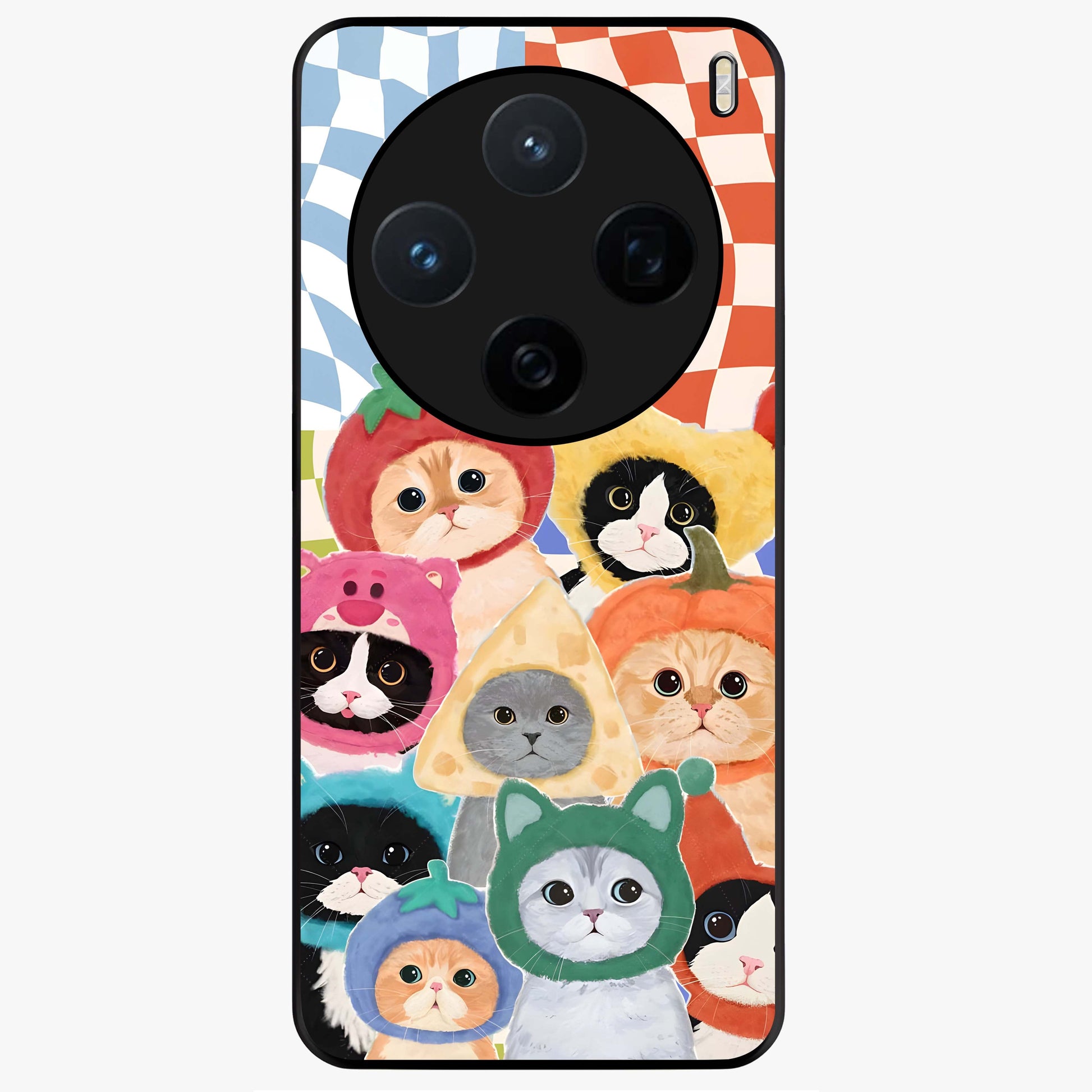 Cats in Fruits Glass Case showing flat back view with playful cat illustrations inside fruit artwork and glossy glass finish.