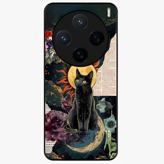 Celestial Black Cat Glass Case showing flat back view with mystical black cat artwork and glossy glass finish.