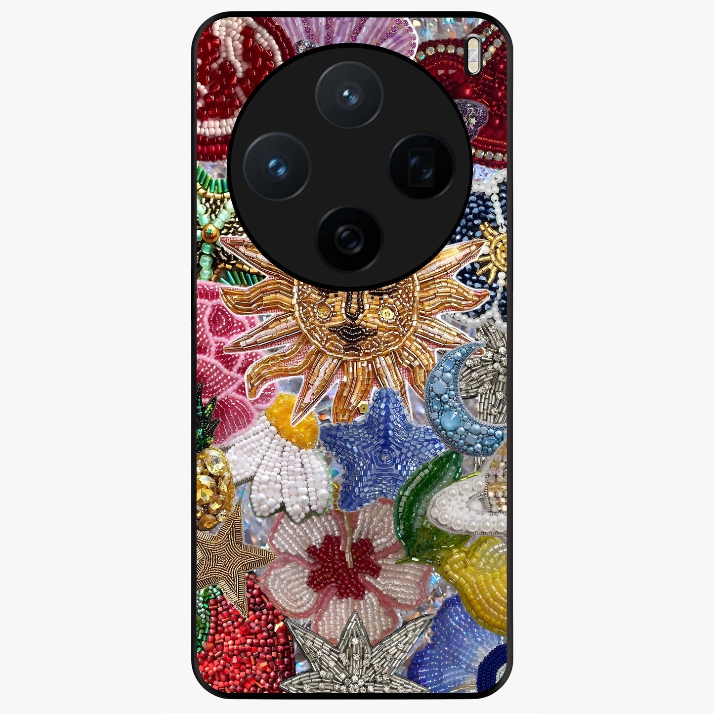 Celestial Floral and Playful Glass Case showing flat back view with floral and celestial themed artwork and glossy glass finish.