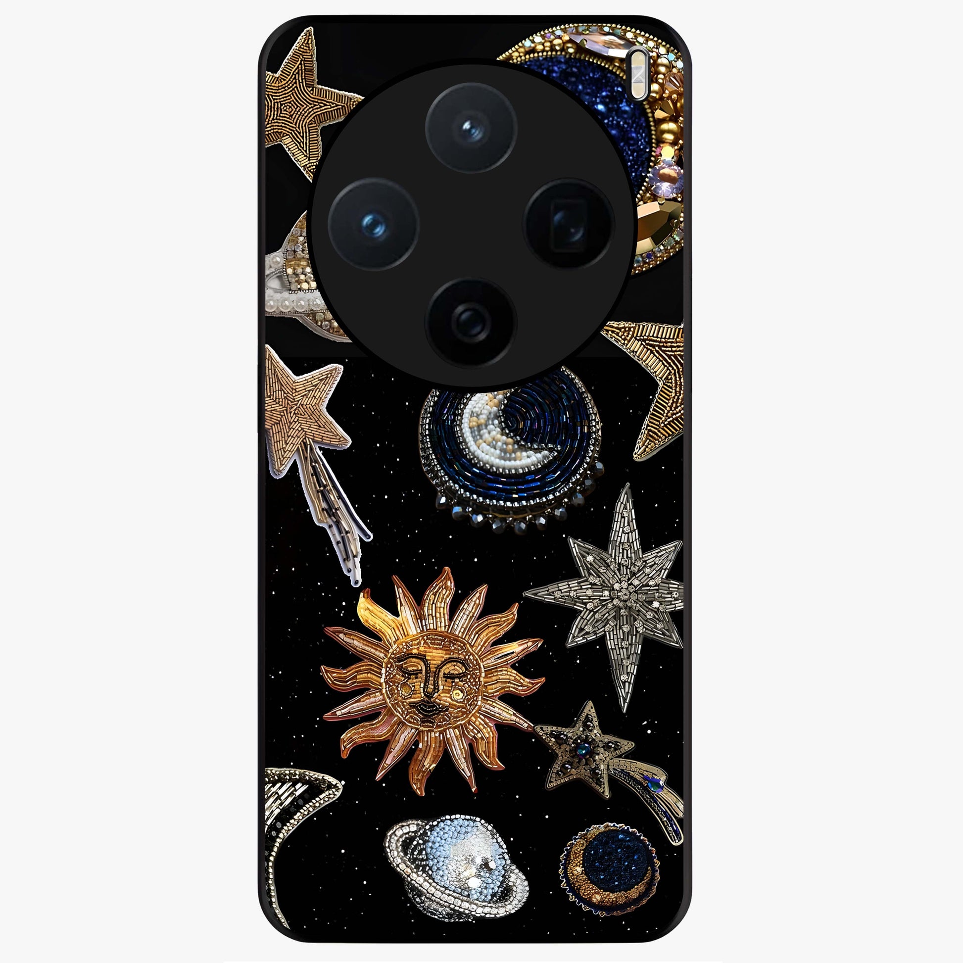 Celestial Gem Constellations Glass Case showing flat back view with sparkling constellation artwork and glossy glass finish.