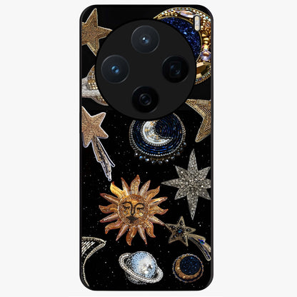 Celestial Gem Constellations Glass Case showing flat back view with sparkling constellation artwork and glossy glass finish.