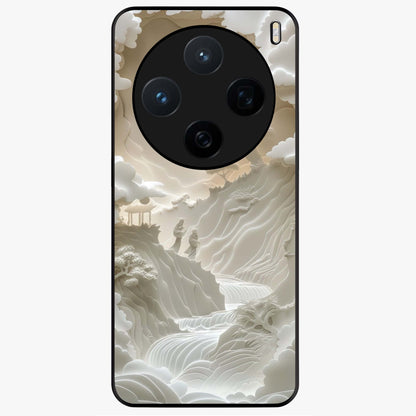 Celestial Origami Glass Case showing flat back view with artistic origami inspired celestial artwork and glossy glass finish.