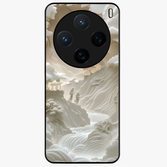 Celestial Origami Glass Case showing flat back view with artistic origami inspired celestial artwork and glossy glass finish.