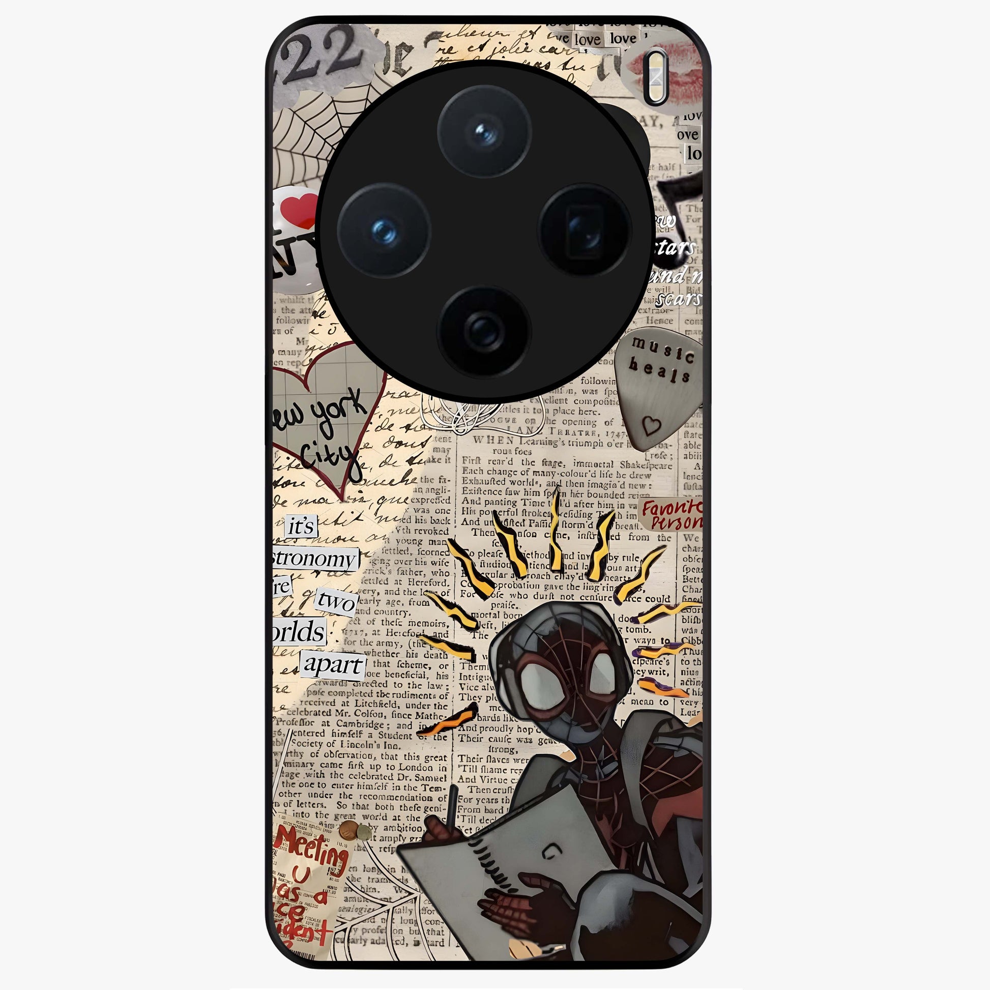City Dream Sketch Glass Case showing flat back view with artistic city skyline sketch artwork and glossy glass finish.