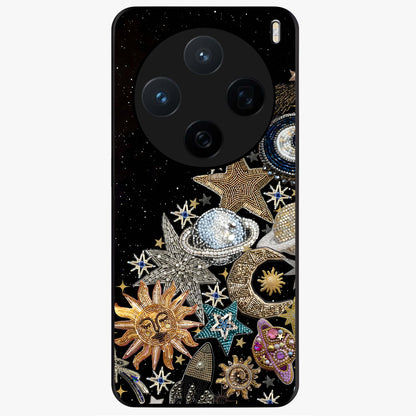 Cosmic Sparkle Dreams Glass Case showing flat back view with sparkling cosmic artwork and glossy glass finish.